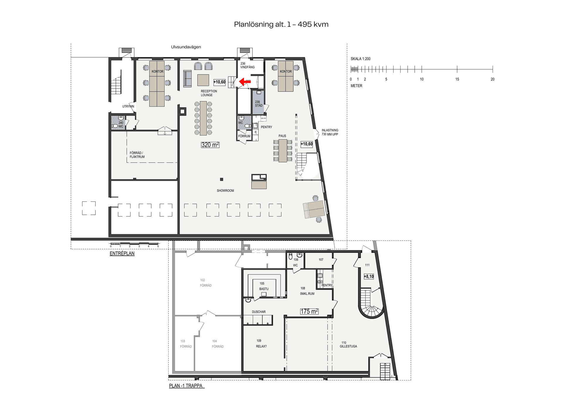 Planlösning, alternativ 1 – ca 495 m²