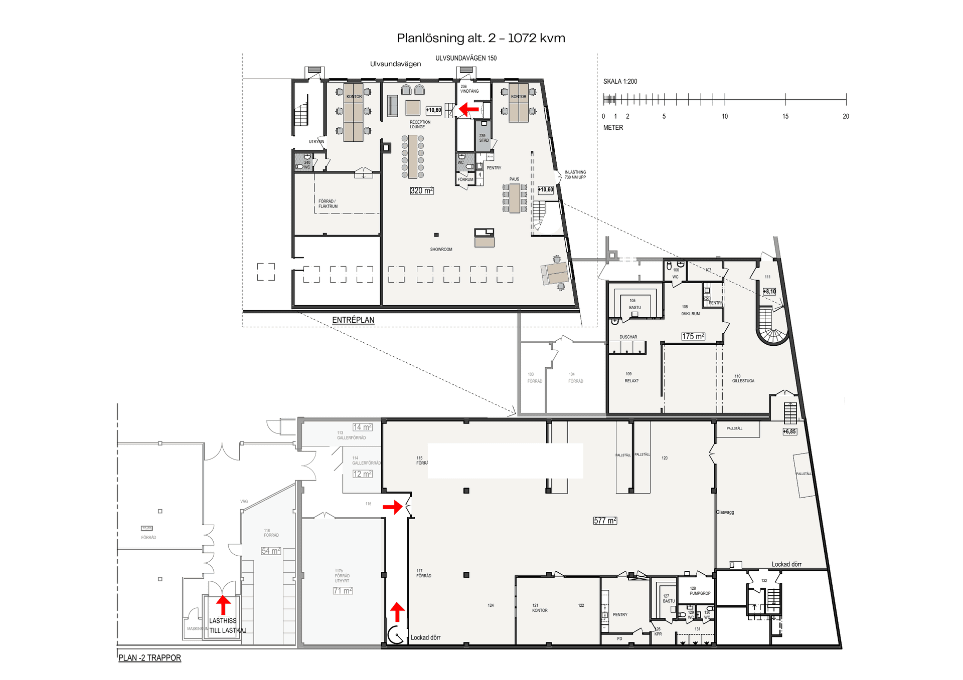Planlösning, alternativ 2 – ca 1 072 m²